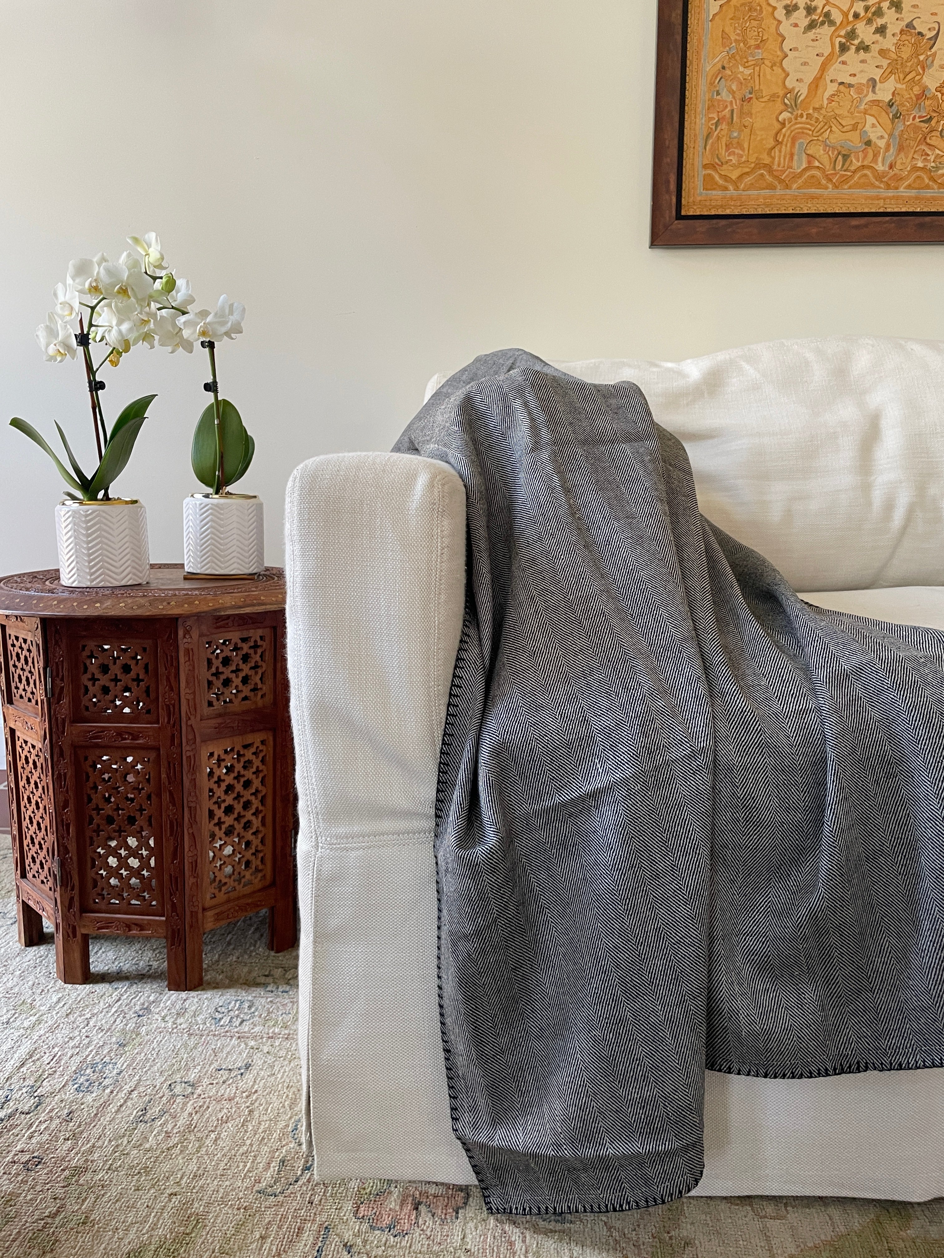 Highlands Black Herringbone Soft Wool Throw