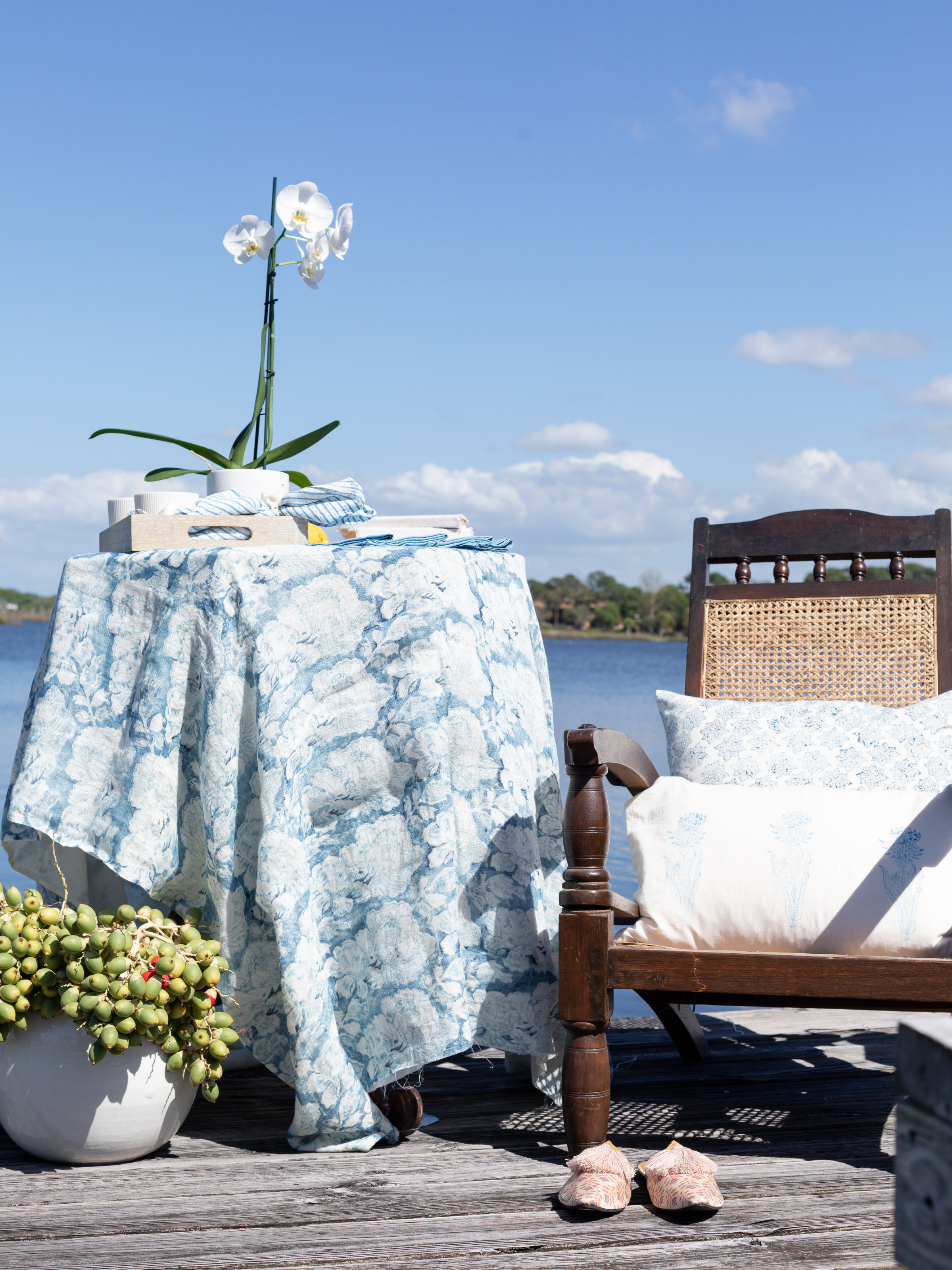 Cabbage Rose Cornflower Blue Sheer Linen Throw