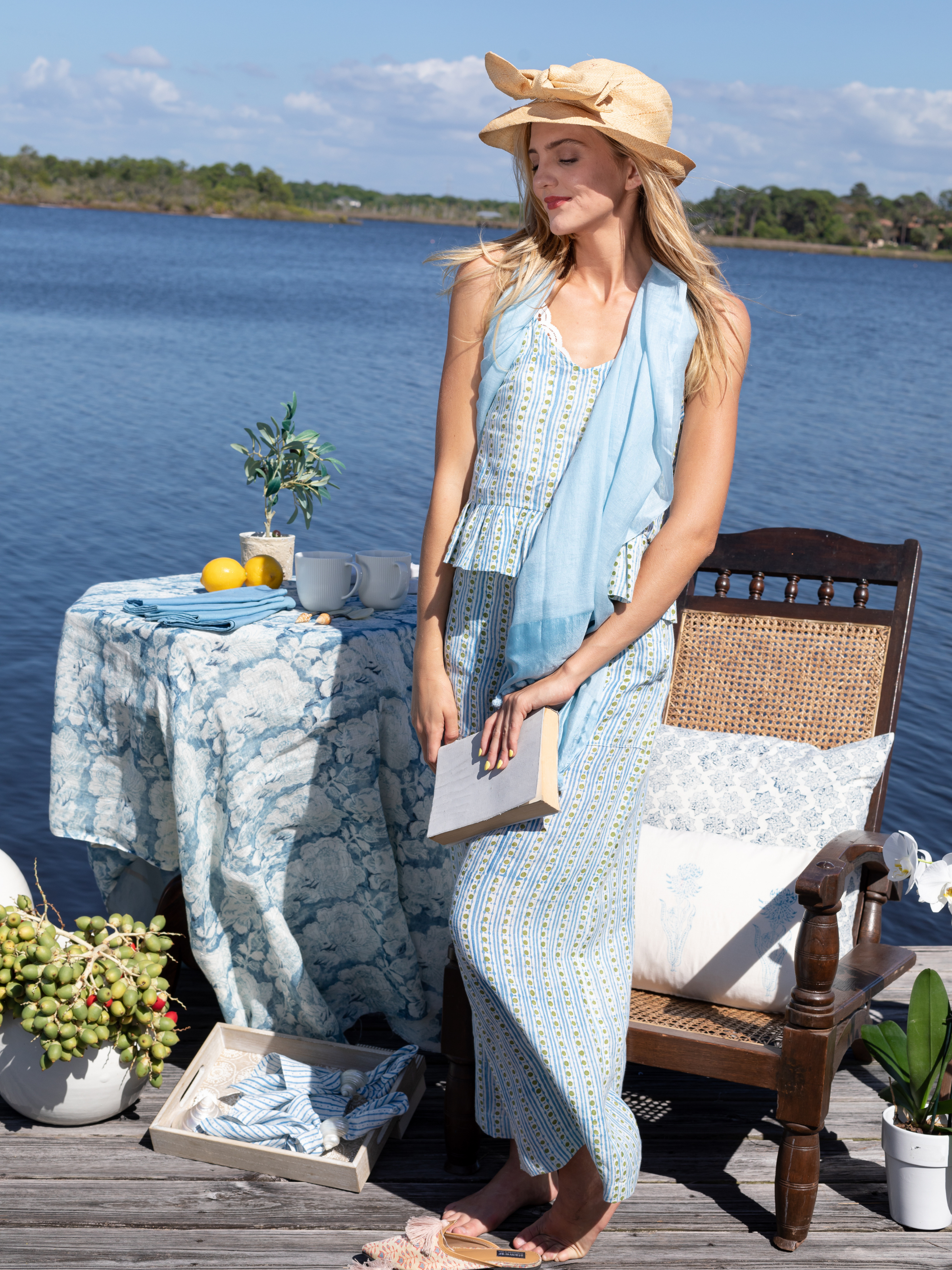 Cabbage Rose Cornflower Blue Sheer Linen Throw