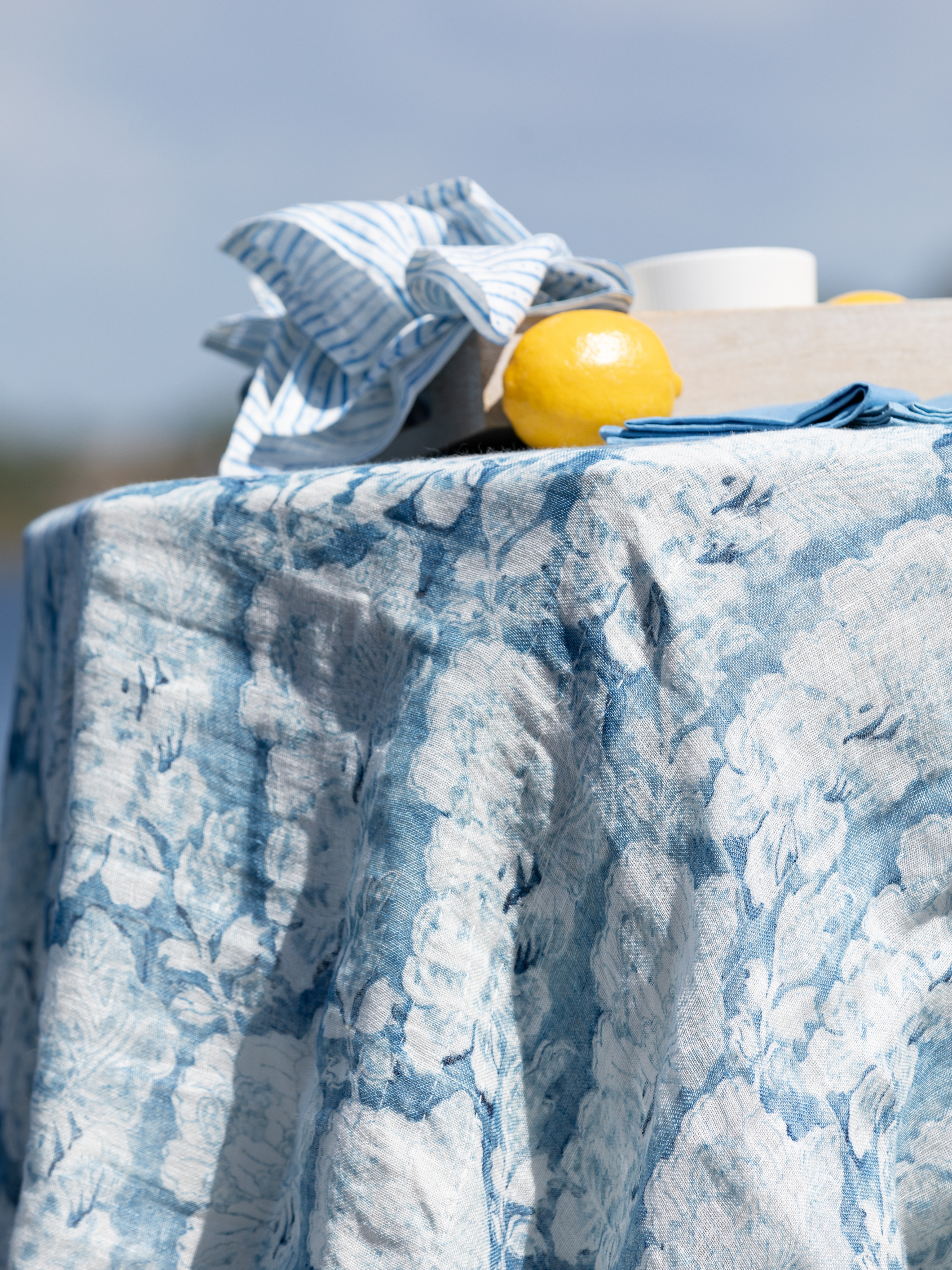 Cabbage Rose Cornflower Blue Sheer Linen Throw