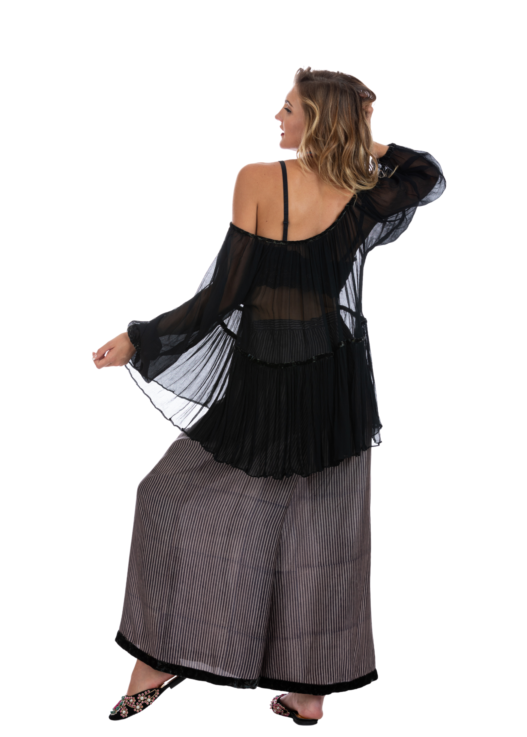 Sachi Black Pinstripe Flared Silk Pants