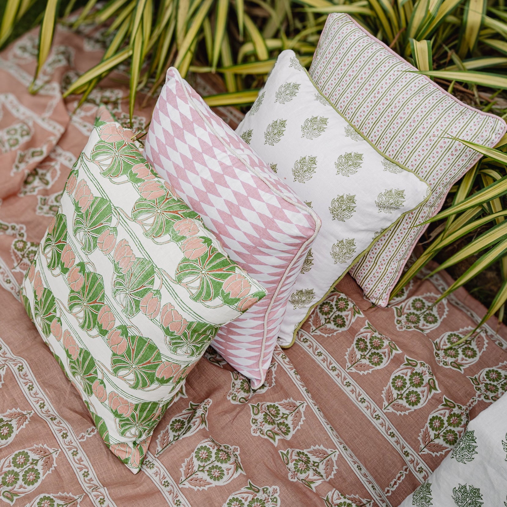 Cabbage Rose Pistachio and Rose Decorative Pillow