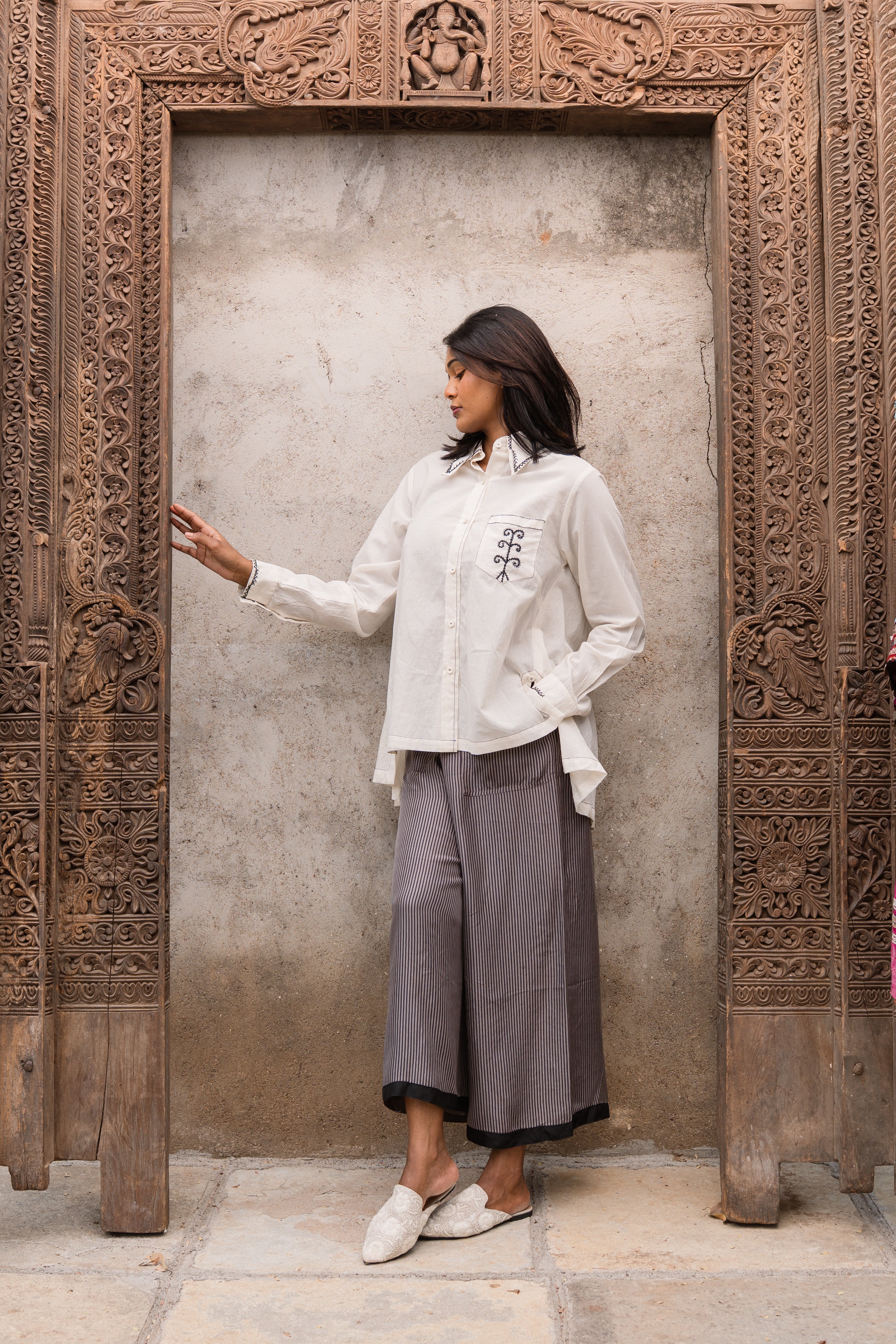 Sachi Black Pinstripe Flared Silk Pants