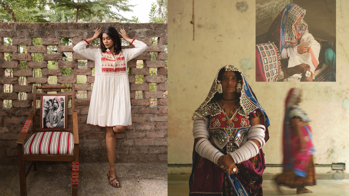 A split collage showing a woman modeling a white embroidered dress against a brick wall on the left, and a woman in traditional colorful clothing on the right, with a small inset photo of a seated figure in patterned clothing.