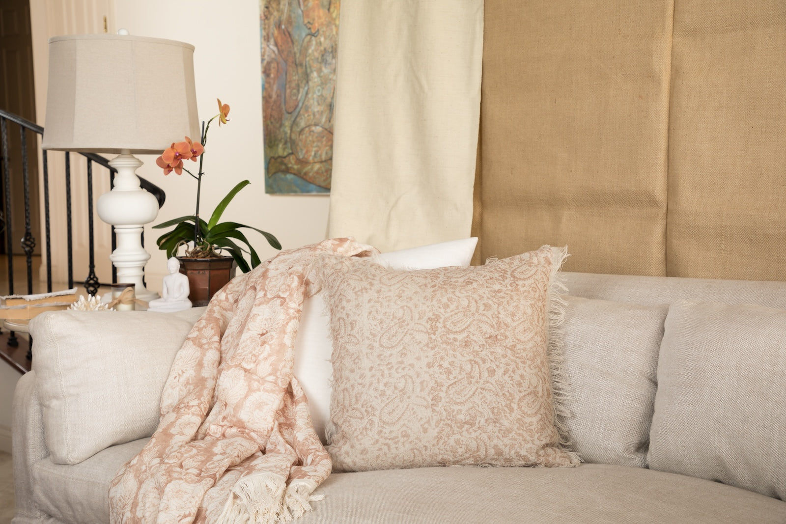 Cabbage Rose Clay & Coral Sheer Linen Throw