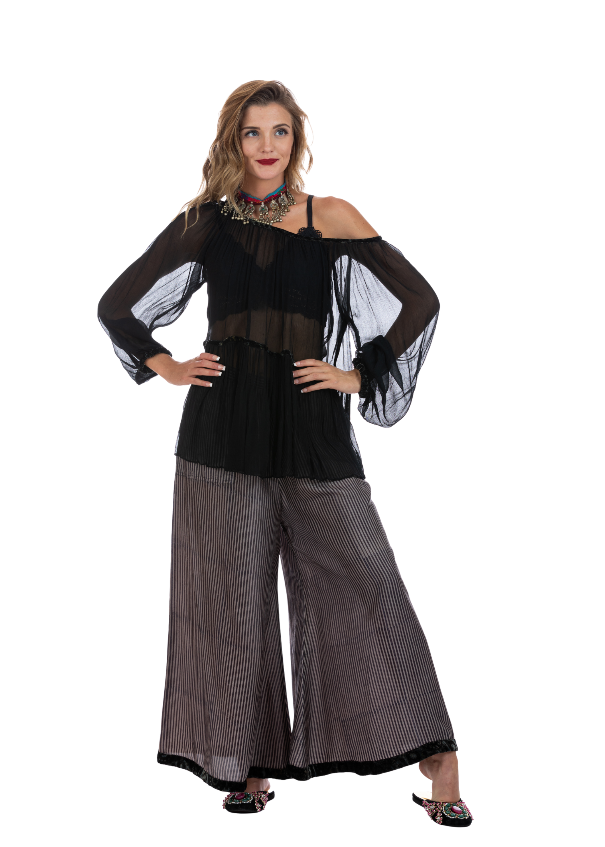 Sachi Black Pinstripe Flared Silk Pants