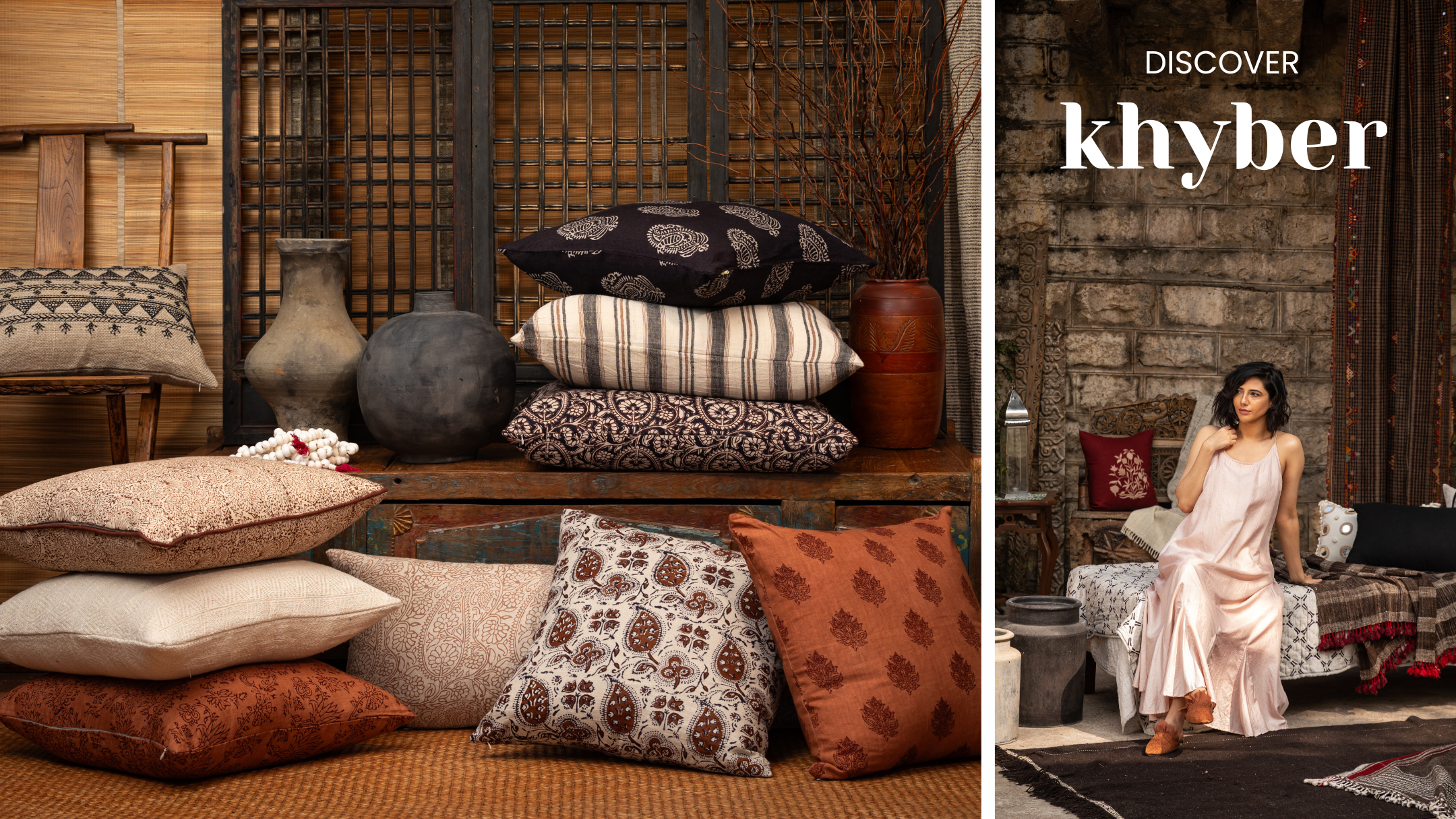 A split promotional image for Khyber home decor. The left side shows an assortment of patterned and striped throw pillows in earthy tones arranged on a wooden bench and floor.